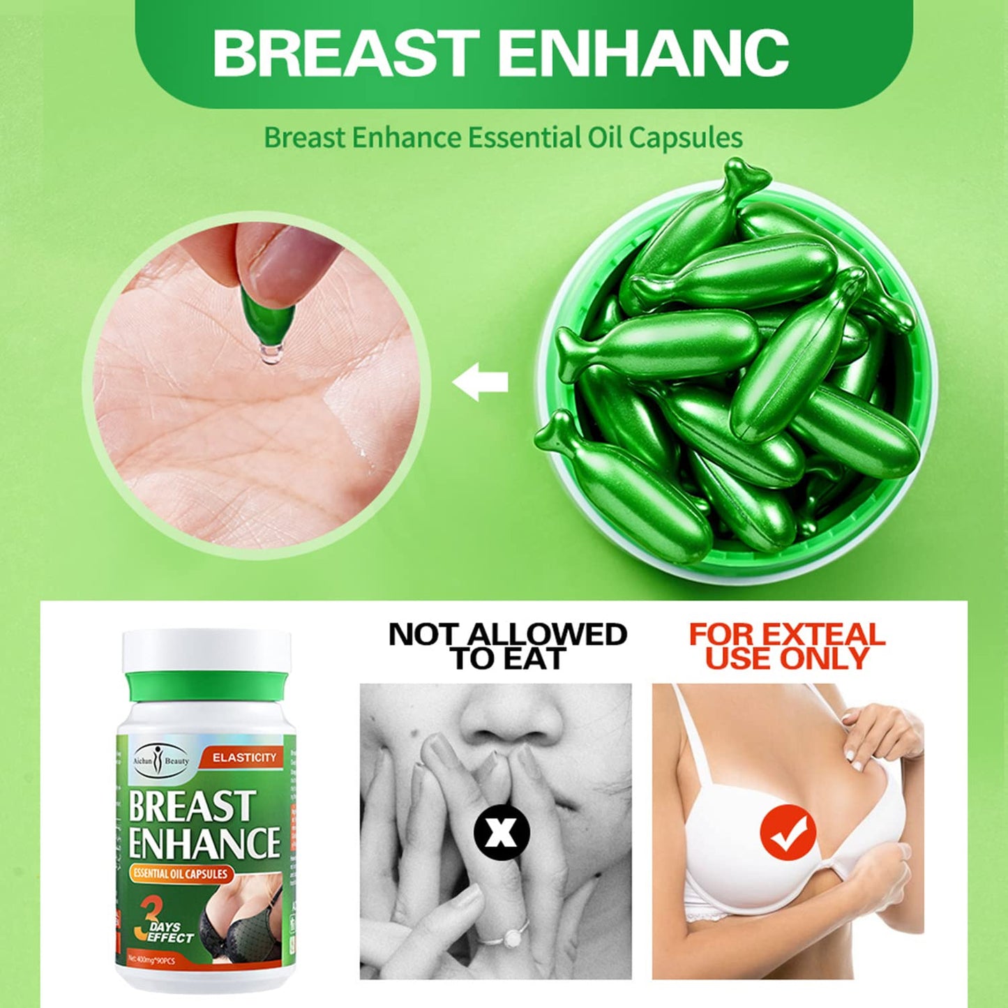 AICHUN BEAUTY Breast Enhance Essential Oil Capsules 3days Effect Deeply Nourishes Improves Lifts Plumps Breasts 400mgx90pcs (private)