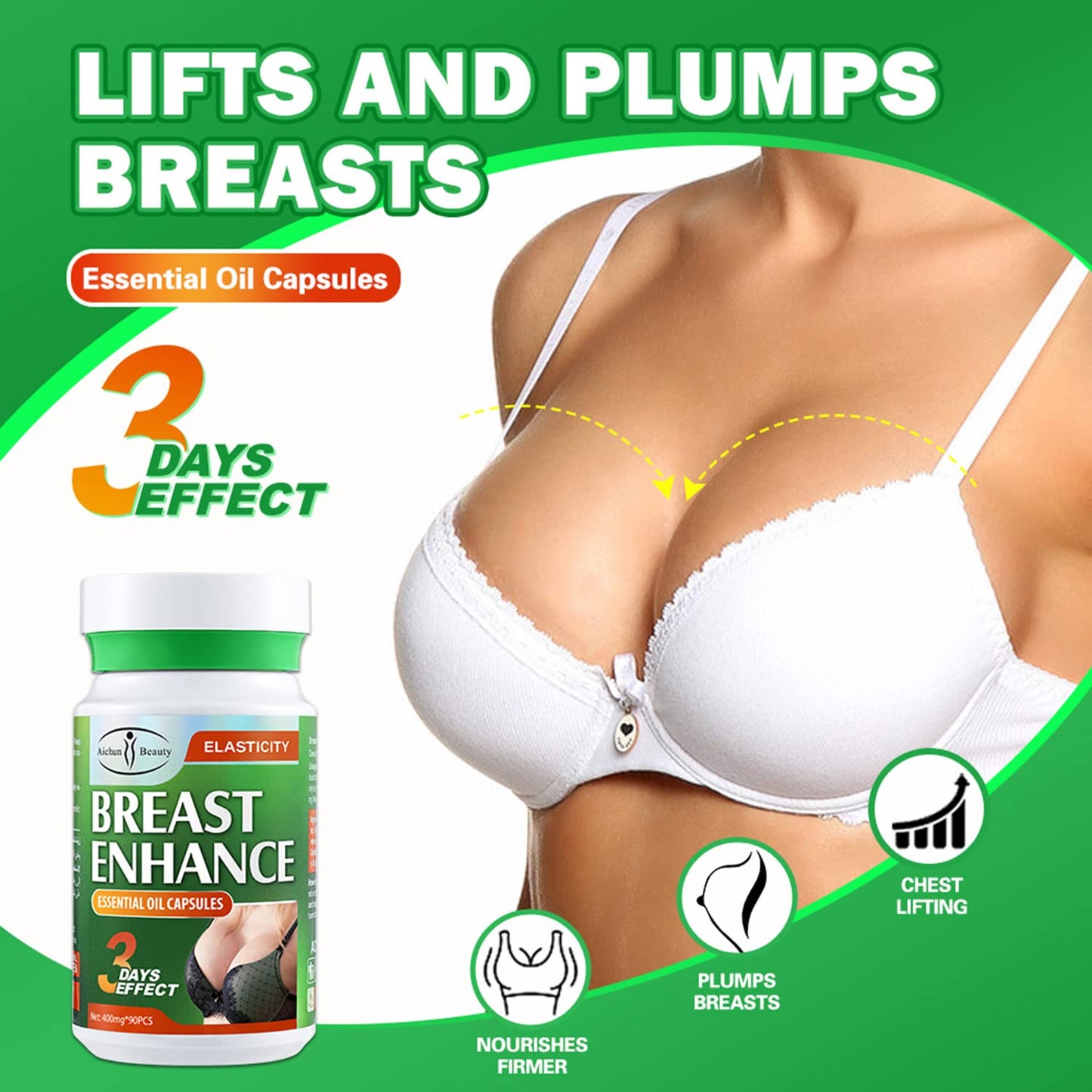 AICHUN BEAUTY Breast Enhance Essential Oil Capsules 3days Effect Deeply Nourishes Improves Lifts Plumps Breasts 400mgx90pcs (private)